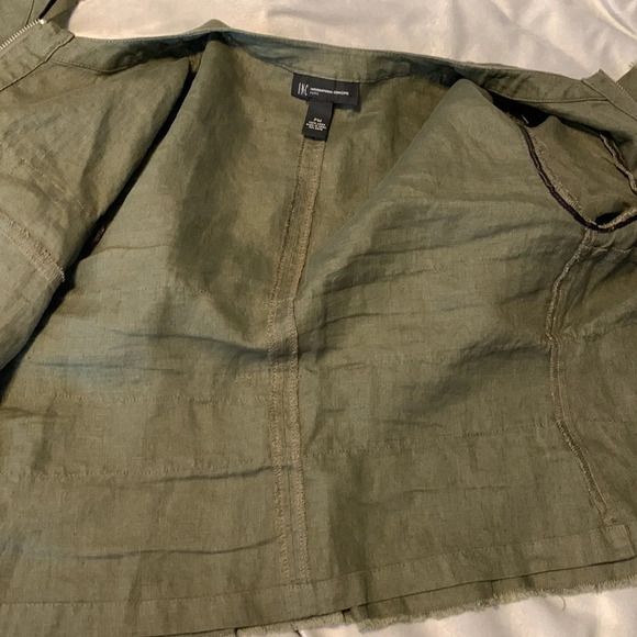 INC olive green 100% linen ruffled zip cardigan topper boho size PM layer jacket - Picture 10 of 10